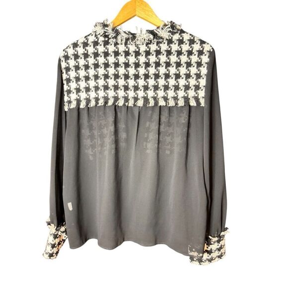 Zara sheer black and white houndstooth tweed pocket blouse sz L - Picture 4 of 6
